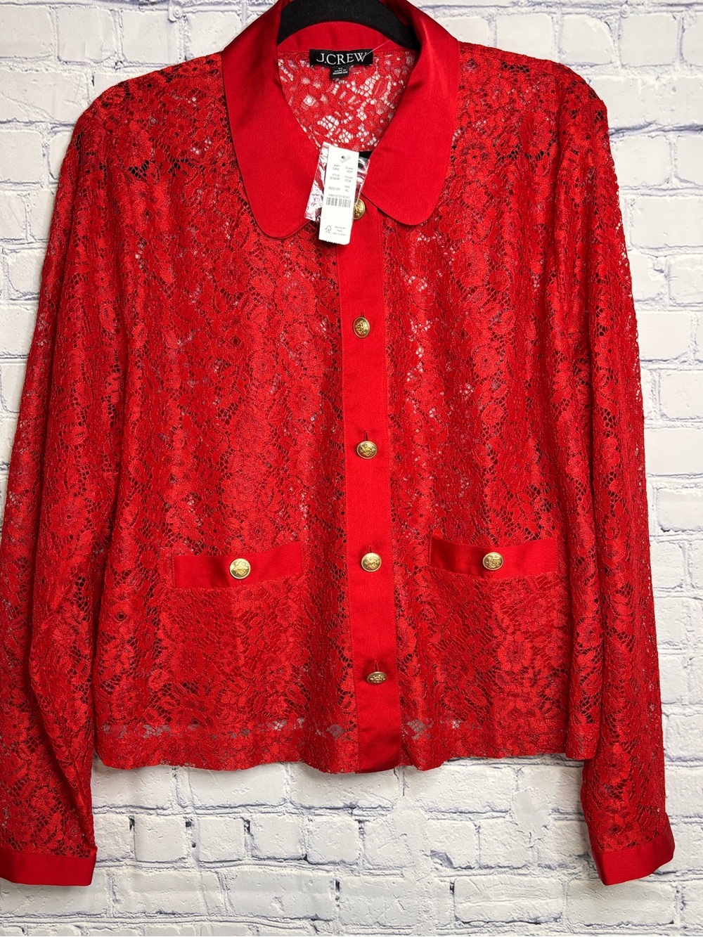 NWT J.Crew Red Lace Lady Gold Buttons Shirt-Jacket